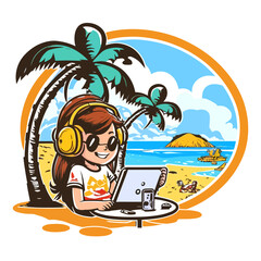 A young girl with headphones and a notebook plays a game on a sandy beach by the sea. Leisure and holidays. Cartoon vector illustration. label, sticker 