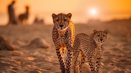 gepard on sunset in savanna and beach , wild animals nature landscape,generated ai