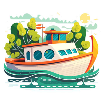 Cruise ship. Motor boat rental. Cartoon vector illustration. white background