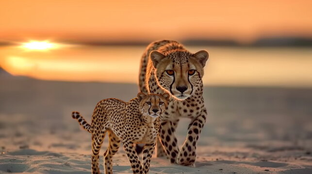 gepard on sunset in savanna and beach , wild animals nature landscape,generated ai
