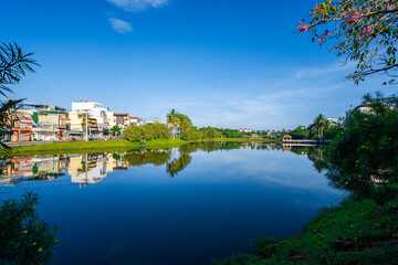 Morning view of small Dong Nai lake - a central lake in Bao Loc city.