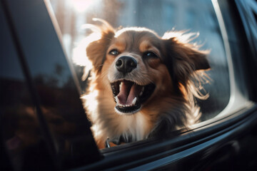 Panting dog locked inside a car in summer. 