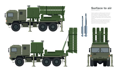 Air defense missile system. Surface to air rocket launcher. Anti aircraft military vehicle. Front and side view of army truck. Industrial blueprint