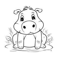 Cute Hippo Coloring Book Page Cartoon Ilustration-01