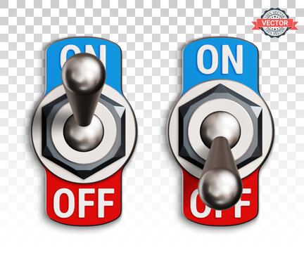 Toggle switches or tumblers switched ON and OFF. Realistic 3D vector illustration isolated on transparent background