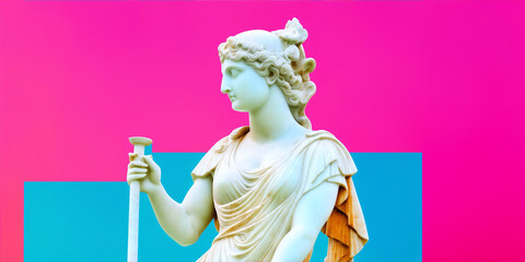 Marble statue of an ancient Greek goddess Athena on party colored background from generative AI