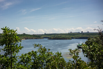 Fototapeta na wymiar Zaporizhzhia, Ukraine, view of the island of Khortytsya and Baida island on the Dnipro river