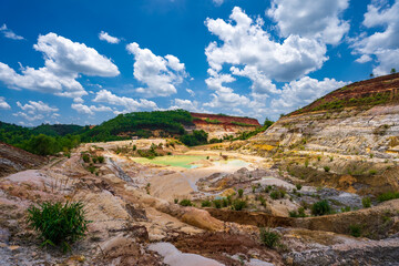 Fototapeta na wymiar Abandoned ore mining mine with turquoise blue water