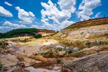Abandoned ore mining mine with turquoise blue water