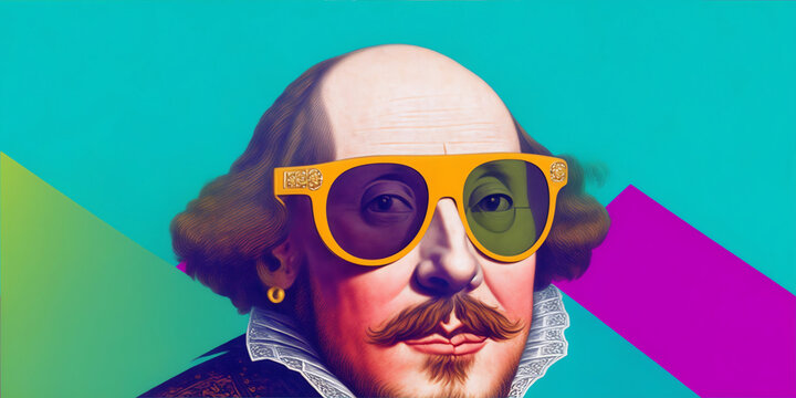William shakespeare wearing a colorful sunglasses on party colored background from generative AI