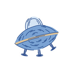 Spaceship illustration in the shape of a disc with legs, alien cartoon interplanetary transport