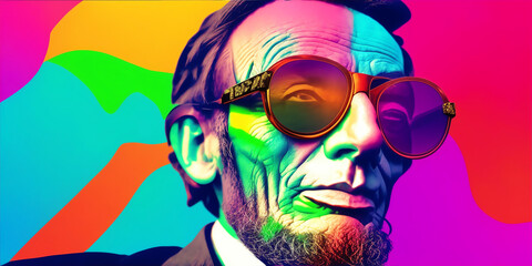 abraham lincoln wearing a colorful sunglasses on party colored background from generative AI