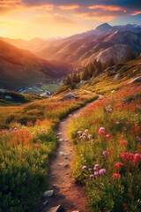Fototapeta na wymiar Gorgeous path covered with flowers and foliage and a vast mountainous background. Generative AI
