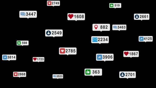 Social Media Symbols of High Engagement and Social Network Growth. Animated Icons with Counting increasing Number in black background (Alpha channel) 