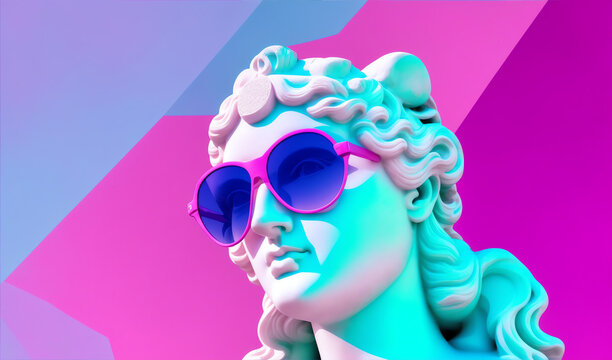 Marble head statue of an ancient Greek goddess athena wearing a colorful sunglasses from generative AI