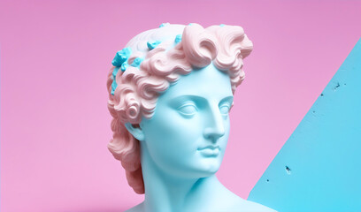 Gypsum statue of Apollo's head in pink and blue pastel background from generative AI