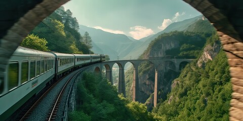 Obraz premium AI Generated. AI Generative. Photo realistic illustration of train mountaines green nature landscape. Graphic Art