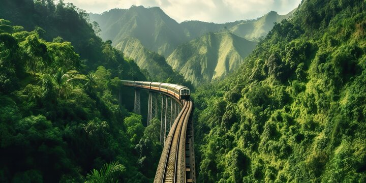 AI Generated. AI Generative. Photo realistic illustration of train mountaines green nature landscape. Graphic Art