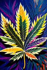 Marijuana leaf pattern painting. Wallpaper. Backdrop. (AI-generated fictional illustration)
