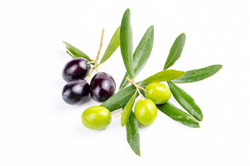 Fresh green olives on the white background