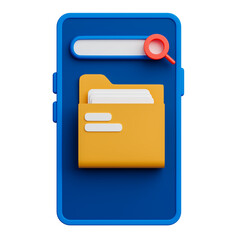 File management application on smartphone 3d render. Folder icon and search box on mobile phone scree.