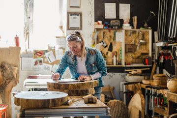Craftswoman working with wood in carpentry workshop
 - obrazy, fototapety, plakaty