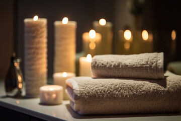 Transform your bathroom into a tranquil spa oasis with this elegant decor featuring towels, candles, and wooden table. AI Generative.
