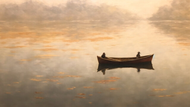 4K ULTRA HD AMOLED MINIMALISTIC WALLPAPER PAINTING OF BOAT FLOATING ON A LAKE REFLECTING WATER