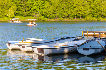 Obraz premium Empty boat near the pier in the park