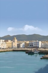 Obraz premium Hafen in einer mediterranen Stadt am Mittelmeer (Generative AI, KI)