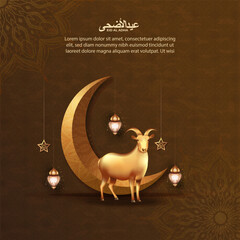 Eid al adha islamic greeting card with goat and Crescent moon for poster, banner design. vector illustration 