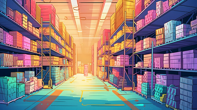 Warehouse, Shelves Filled with a Diverse Range of Products, dropshipping presentation background. Generative AI