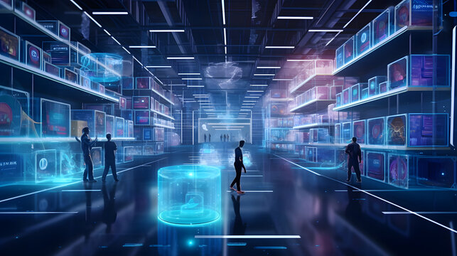 warehouse of the future, digital shelves Filled with a Diverse Range of Products, dropshipping presentation background. Generative AI