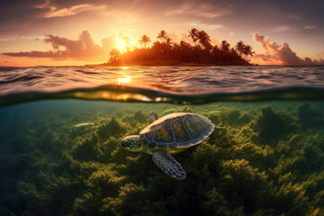 Turtle swimming in tropic waters - created with generativ AI technology