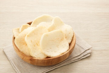 Kerupuk Udang, Crispy Prawn Crackers in white plate. 
