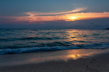 Beautiful sunset above sea. Vibrant and soft color magic light. Romantic time on vacation in tropical.