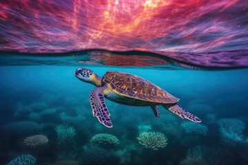 Obraz na płótnie Canvas Turtle swimming in tropic waters - created with generativ AI technology