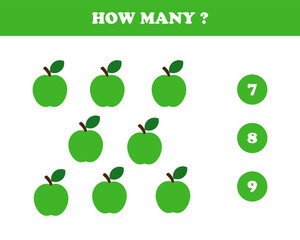 How many, worksheet for kids, apple, vector. Apple and numbers.
