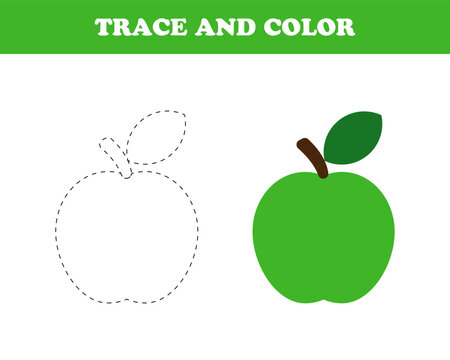 Trace and color worksheet for kids, apple, vector. Apple drawn with a dotted line and colored, the inscription Trace and color.