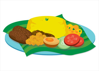 Vector Image: Traditional Indonesian Cuisine, Yellow Rice with Egg, Meat, Tempeh and vegetables  (Called: Nasi Kuning)
