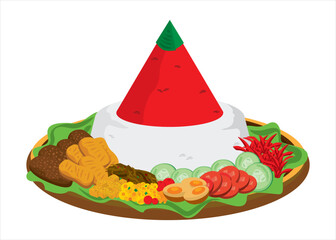 Vector Image: Indonesian cone-shaped rice dish with side dishes of vegetables and meat (Javanese cuisine Called: Tumpeng)