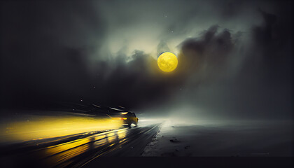Landscape of night sky and bright full moon above wilderness area. Asphalt road leading into alone tree at night. Serenity background. Yellow grey minimalistic. Generative AI