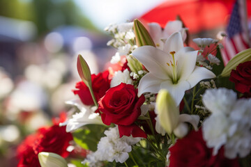 A vibrant red and white flower arrangement, surrounded by Canadian flags, bokeh, Canada Day Generative AI