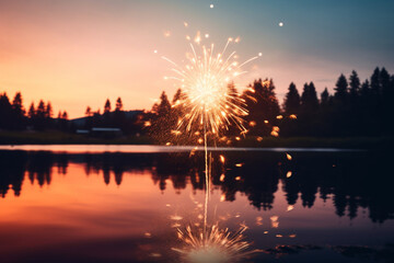 A beautiful sunset over a Canadian lake with fireworks in the distance, bokeh, Canada Day Generative AI