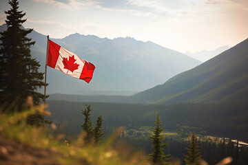A stunning view of a Canadian mountain range with a large Canadian flag in the foreground, bokeh, Canada Day Generative AI
