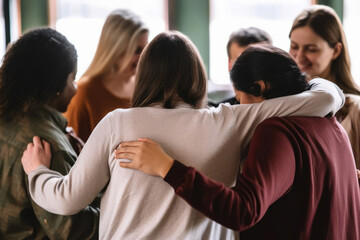 Candid group of people hugging in a circle at a therapy session, fostering community, togetherness and warmth, emphasizing the importance of mental health, generative ai