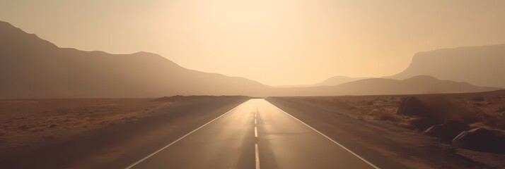 Fototapeta na wymiar background straight road through the desert, mountain in the distance, travel, adventure