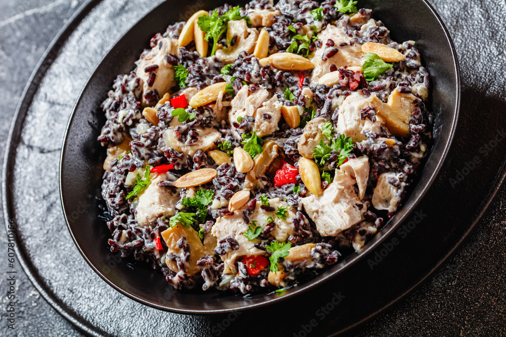 Canvas Prints black rice with cream, chicken, mushrooms, almonds