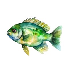 Fototapeta premium Green fish isolated on white background in watercolor style. Generative AI.