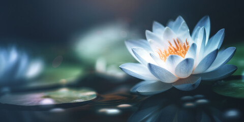 Withe waterlily or lotus flower  in the pond on dark background. Generative AI - obrazy, fototapety, plakaty